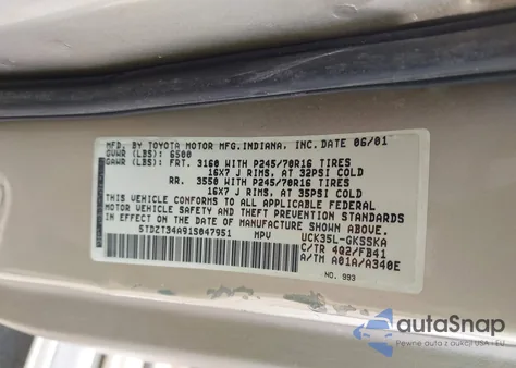 2001 Toyota Sequoia Sr5 V8 z USA, uszkodzony, nr VIN 5TDZT34A91S047951